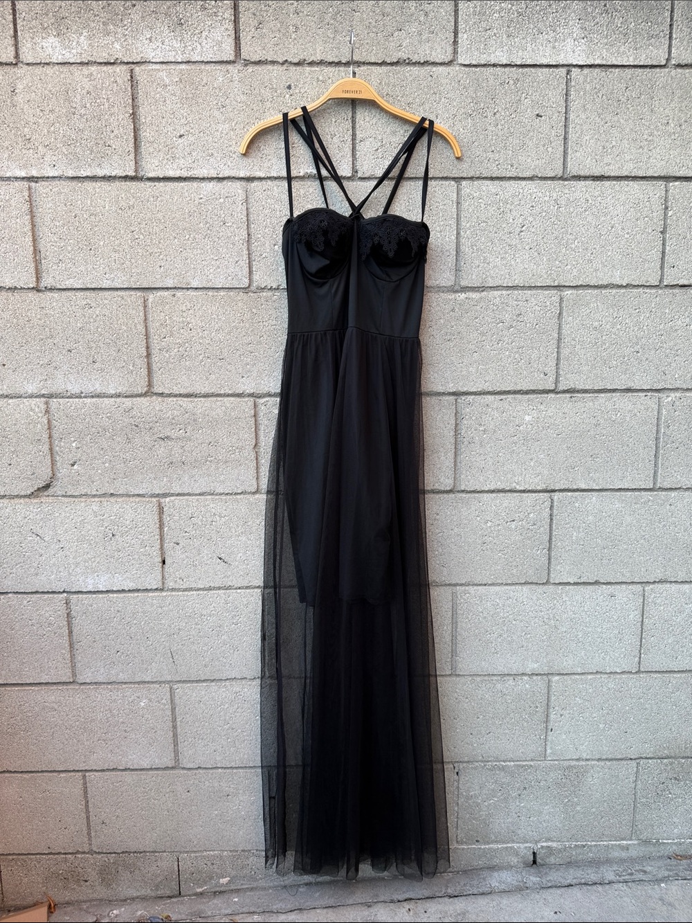 Black Sheer Overlay Maxi Dress with Lace Bust